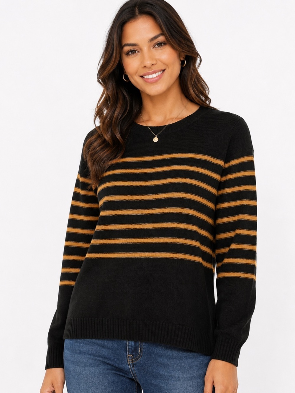 Fab'rik Striped Crewneck Pullover Sweater Dark Navy Gold Size L